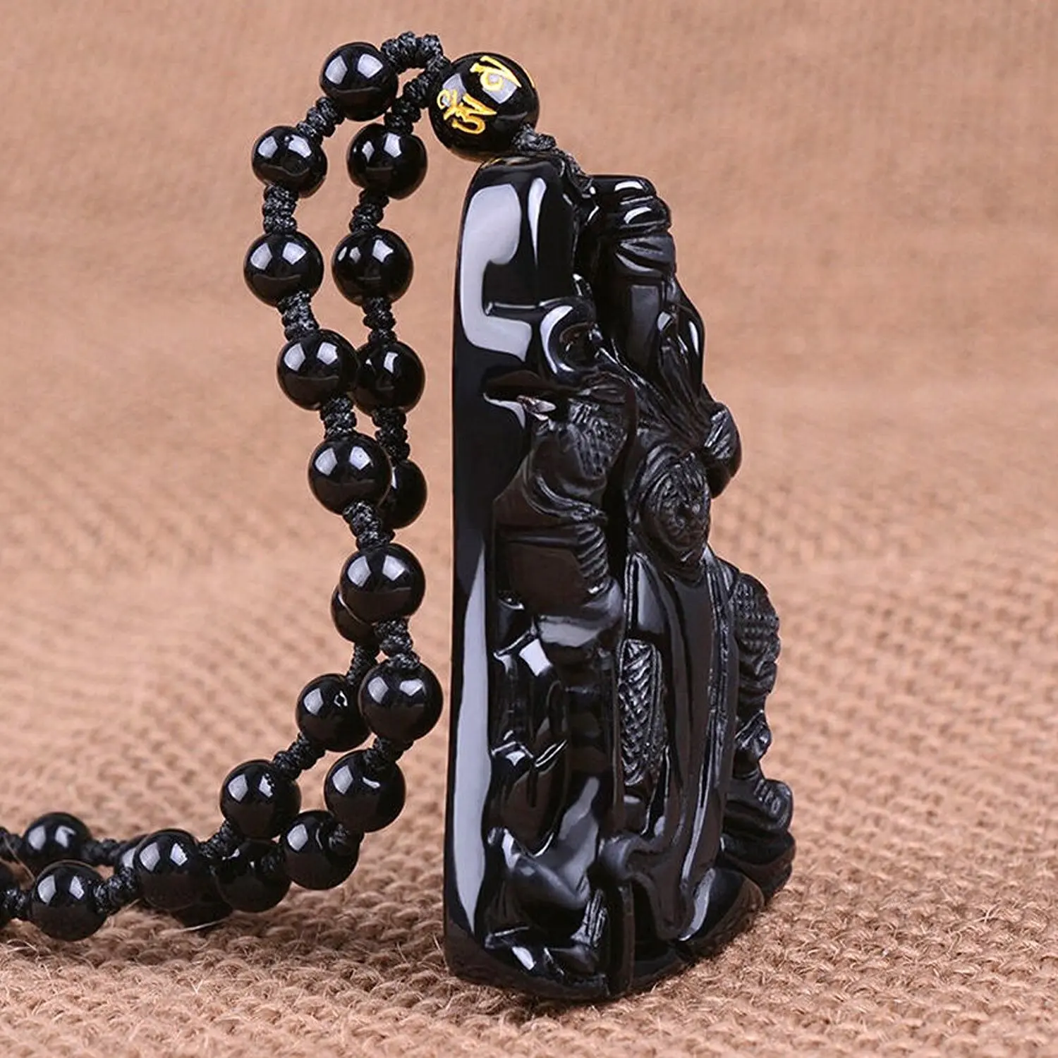 LETSFUN Изящные ювелирные изделия ручной работы резной природный обсидиан Гуань Юй