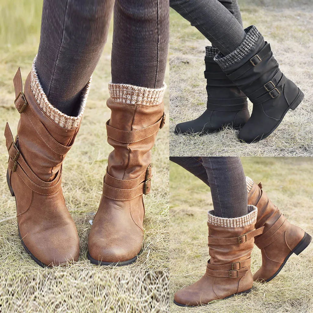 2020 г. Весна зима новые женские кожаные сапоги на плоской подошве с круглым носком