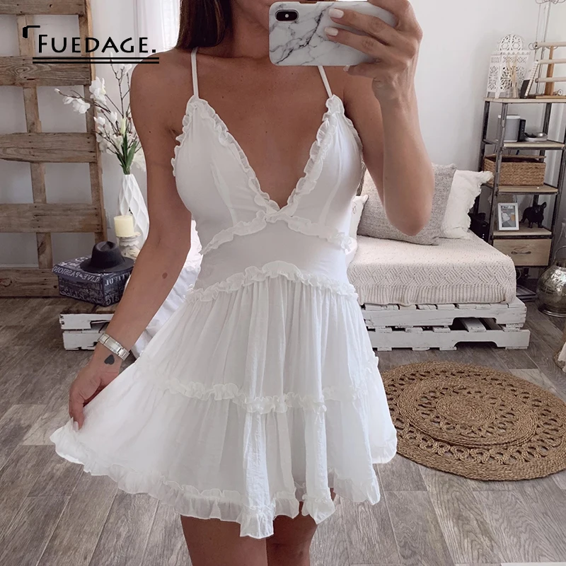 Fuedage/Летнее белое сексуальное женское платье с глубоким v-образным вырезом на