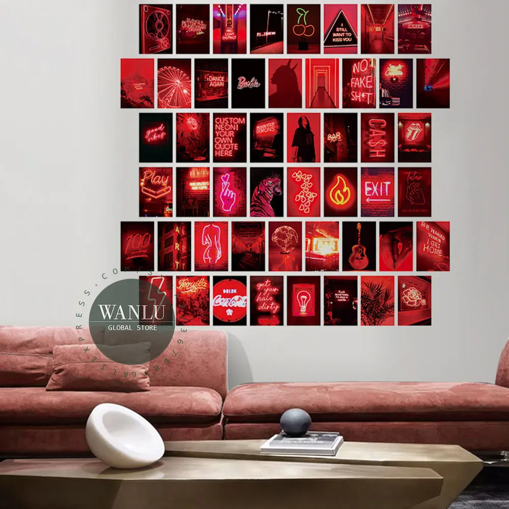 Kits de Collage de pared de neón rojo de 50 piezas, colección de fotos, imágenes estéticas para sala de estar, decoraciones de dormitorio para niñas y adolescentes