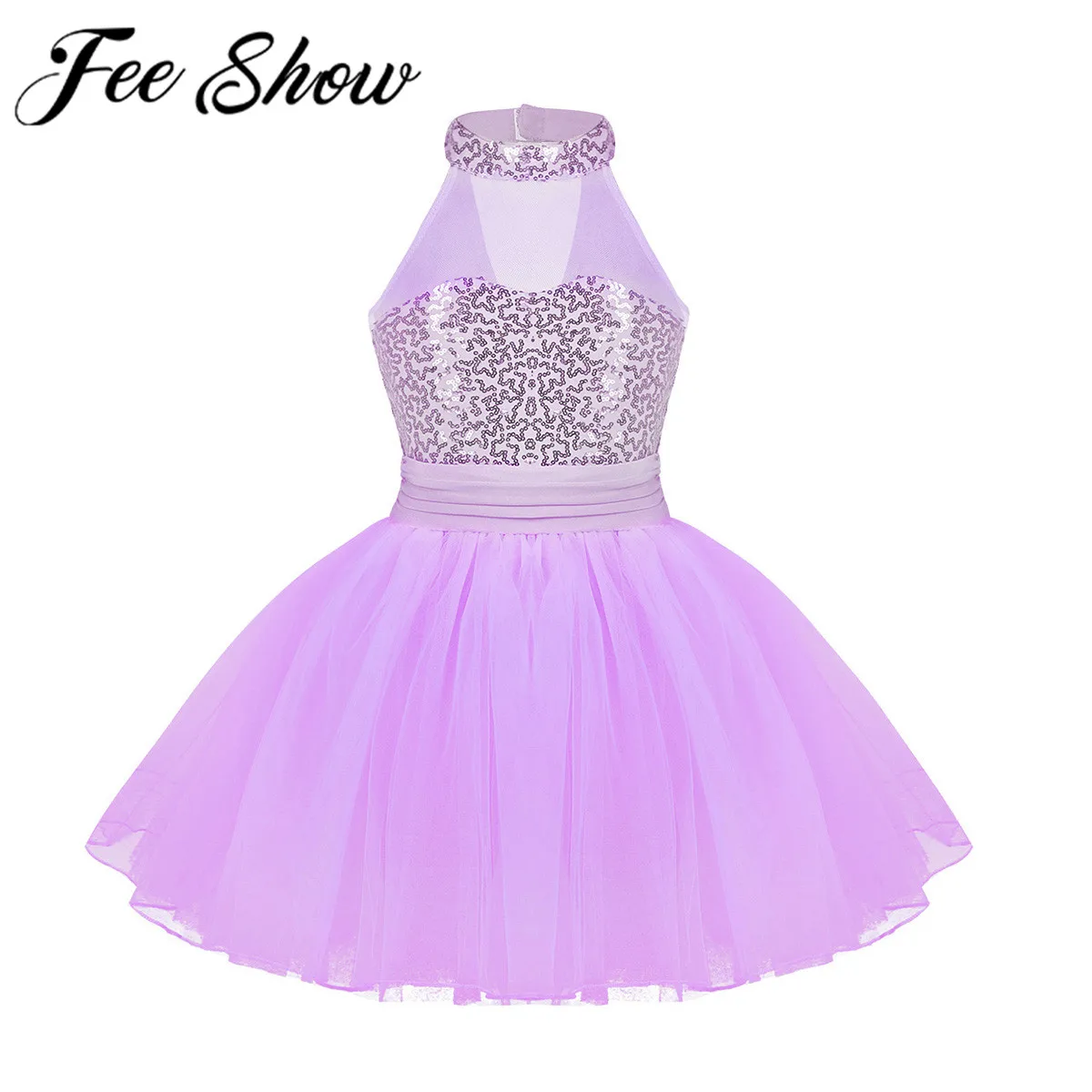 

Kids Girls Sequins Glitter Contemporary Ballet Dance Gymnastics Leotard Dress Sleeveless Mesh Splice Tutu Ballerina Gym Costume