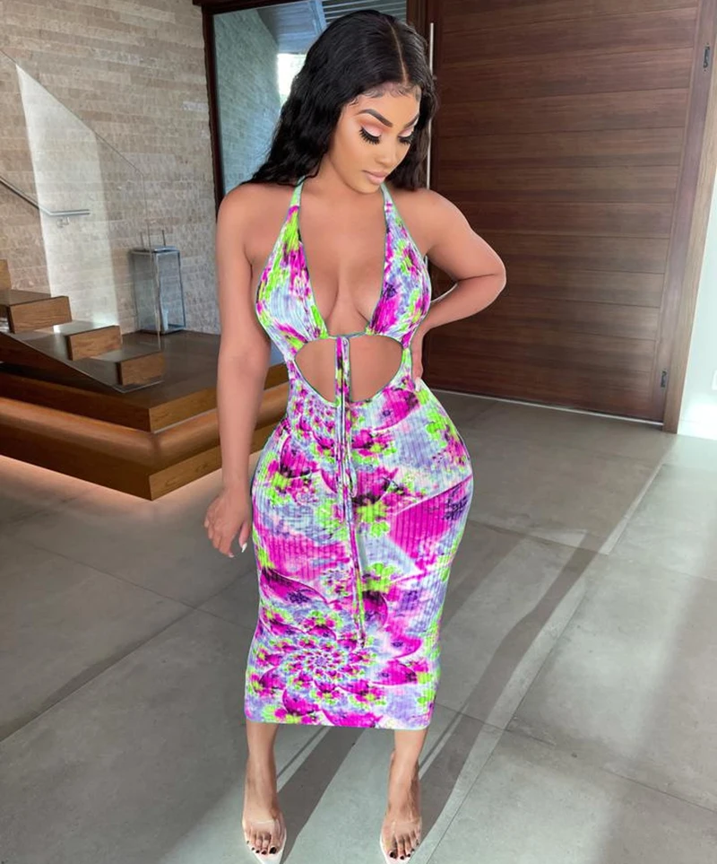 

Kricesseen Sexy Print Tie Dye Halter Slim Midi Dress Fashion Women Backless Hollow Out Bodycon Party Clubwear Dress