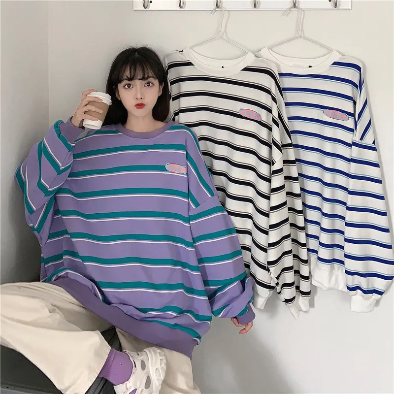 

Hong Kong Style Stripes Oversize Sweater Women's 2021 Loose Korean Style Fashionable Ins Idle Style BF Thin Salt Coat