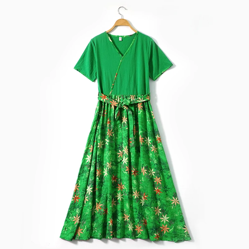 Spring Summer Vintage Dress Women Floral Boho Long Beach Party Maxi Green Women's Dresses V Neck Vestido KJ4010 | Женская одежда