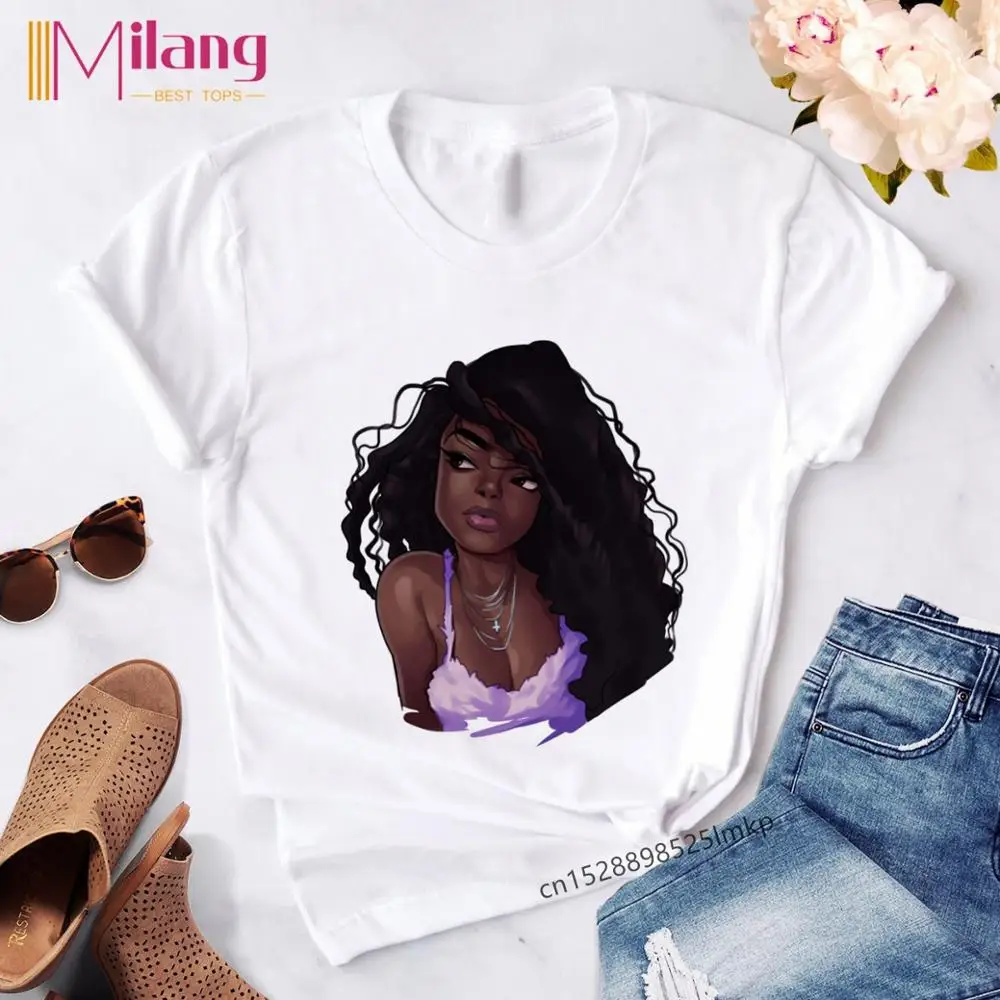 Женская футболка Melanin Poppin красивая черная с принтом для девочек модная Прямая