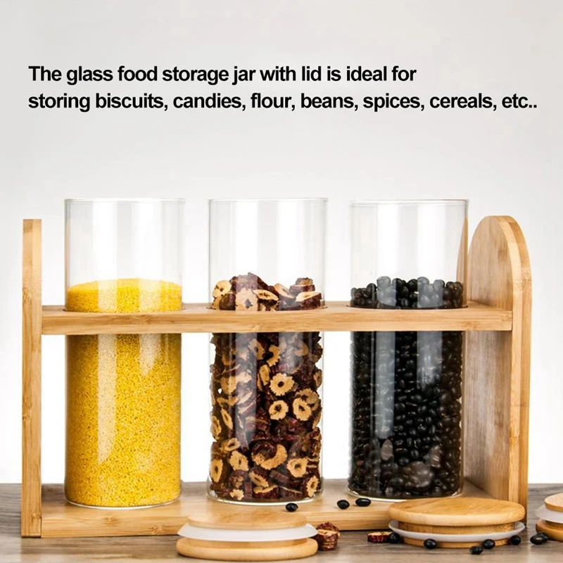 

Home Storage Shelf Glass Food Storage Canisters Sealing Bamboo Cover Glass Jars Set Biscuits Candies Spices Cereals Container
