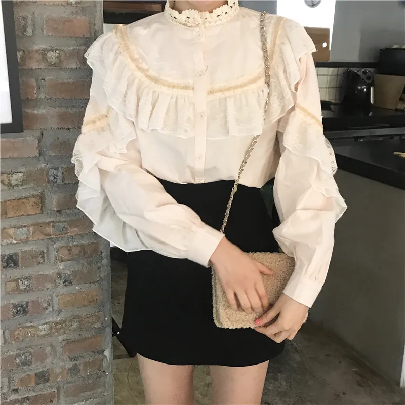 RUGOD с воротником с кружевом и оборками, женская блузка, пэчворк в Корейском стиле элегантные длинные рукава женские офисные рубашки для мальчиков модные топы и блузки blusas mujer
