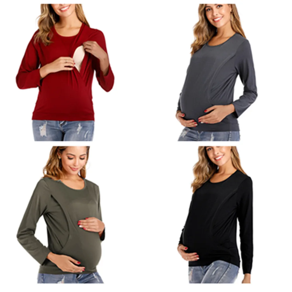 

2020 Autumn European and American New round Neck Long-Sleeved Maternity Fashion Nursing Long-Sleeved T-shirt Top Large size