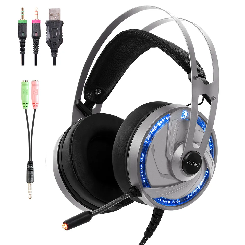 Игровая гарнитура Cosbary с микрофоном, объемный звук, проводная USB RGB светильник, профессиональные игровые наушники для планшетов, ПК, геймеров, Xbox One, PS4