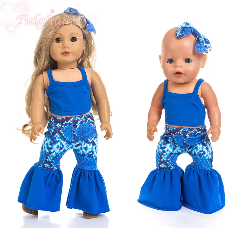 

Dark Blue Set Hairpin Shoulder T-shirt and Pants Suit Fit 43cm Baby New Born Doll,American Girl 18inch Doll Clothes Accessories