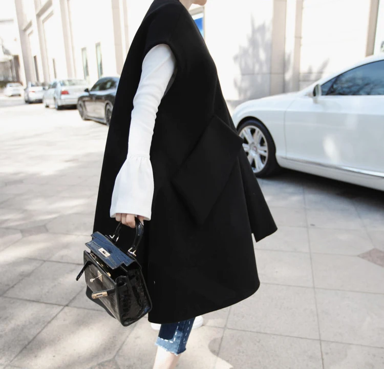 2019 зимнее новое шерстяное пальто без рукавов большой карман сумка для ветровки