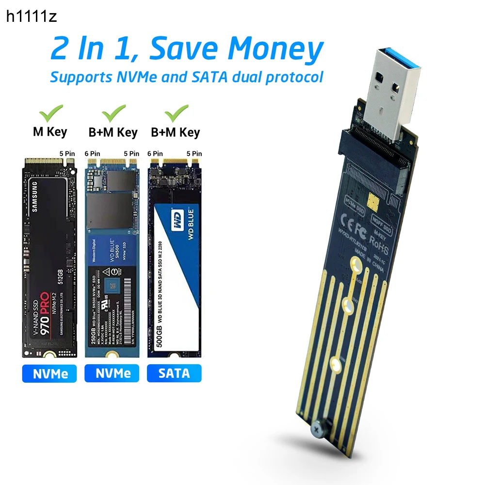 

Адаптер M.2-USB, двойной протокол, Φ M.2 NVME PCIe NGFF SATA M2, поддержка карт 2230 2242 2260 2280 NVME/SATA M2 SSD RTL9210B
