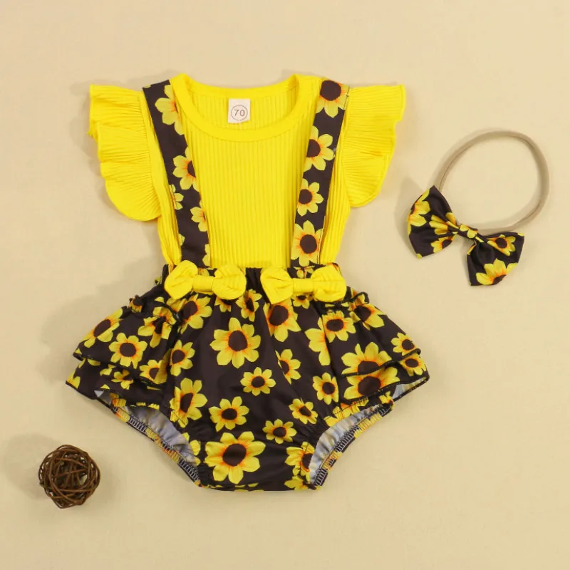 

Летняя одежда для новорожденных 3 шт., футболка с круглым вырезом и рукавами-мушками в рубчик для маленьких девочек + брюки на бретелях с цвет...