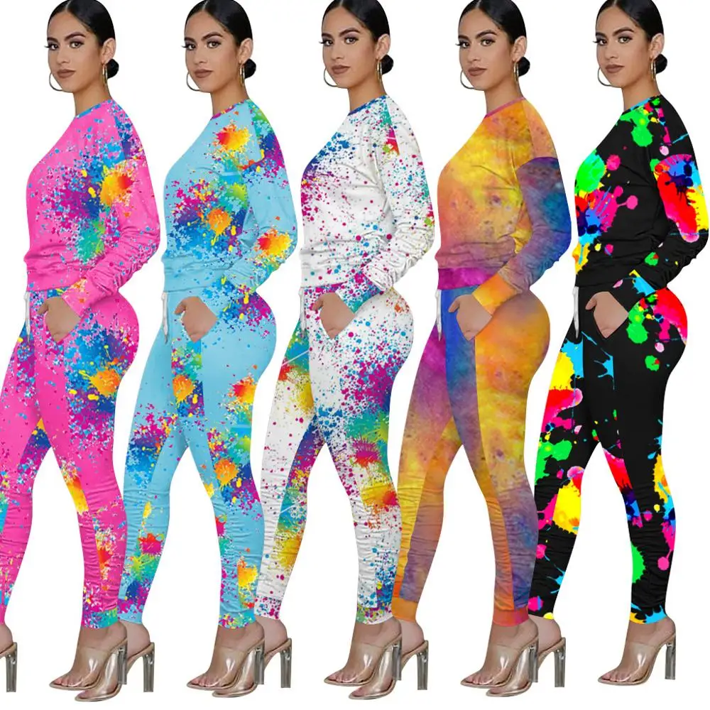 

New Arrival Tie Dye Womens Tracksuit Set Long Sleeve Pullover Retro Top High Waisted Pants Sweatpants 2 Pieces Lounge Wear