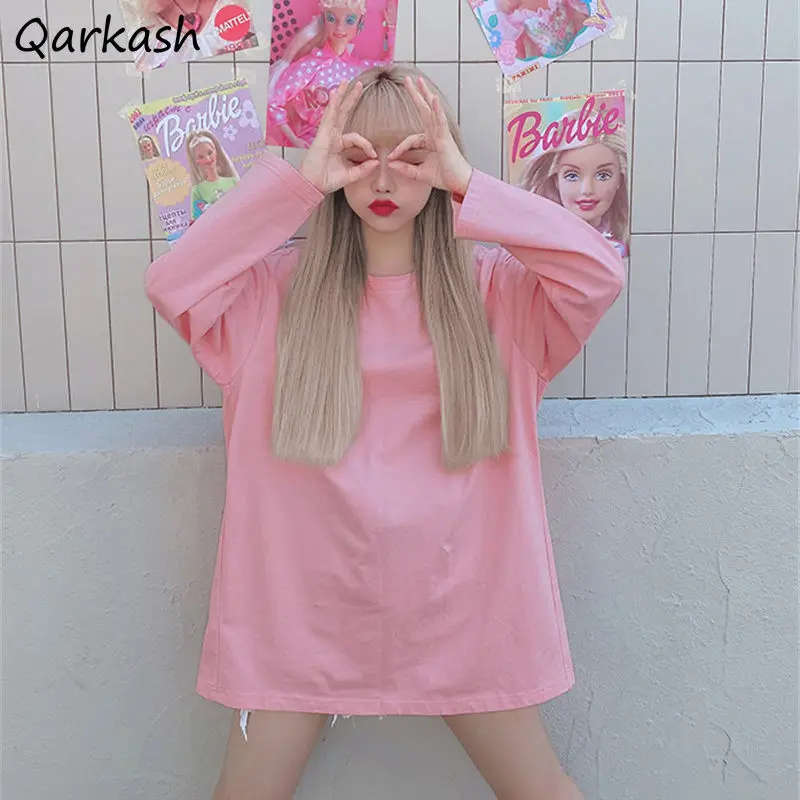 

Футболка женская однотонная свободного покроя с длинным рукавом