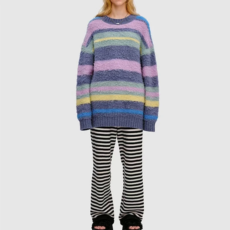 

Women Stripes Knit Sweater 2021 New Mohair O-Neck Long Sleeve Gradient Color Loose Female Casual Knitwear Jumper Autumn Winter