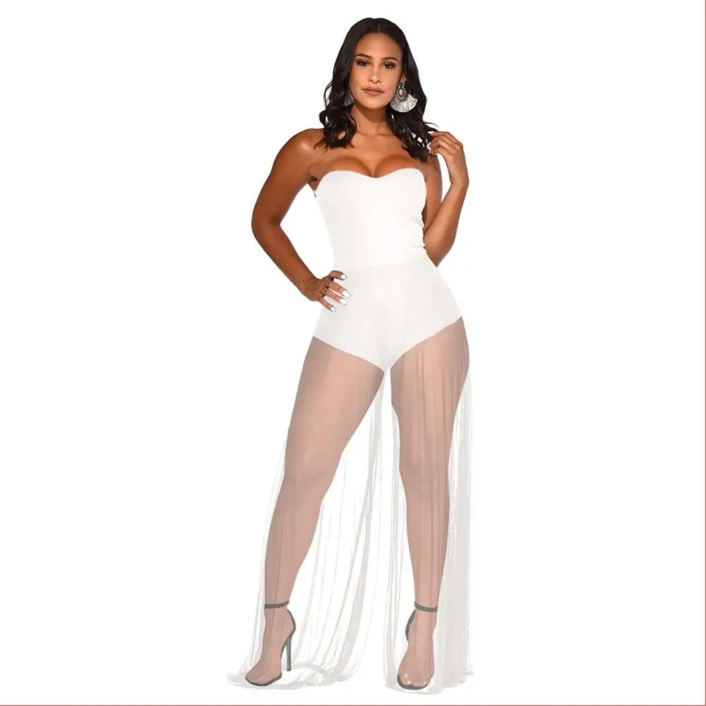 Сексуальный боди с открытыми плечами и прозрачными сетчатыми брюками комбинезон