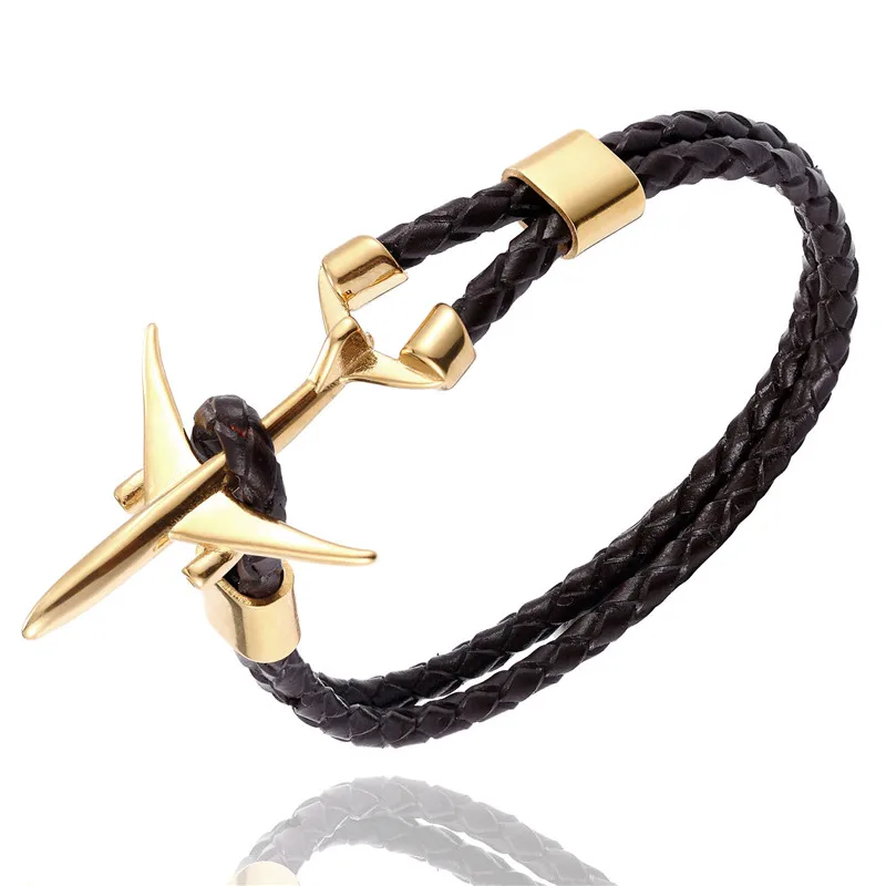 MKENDN Hot Sale Stainless Steel Airplane Anchor Bracelets Men Women Genuine Multilayer Leather Bracelet Freestyle Homme Jewelry
