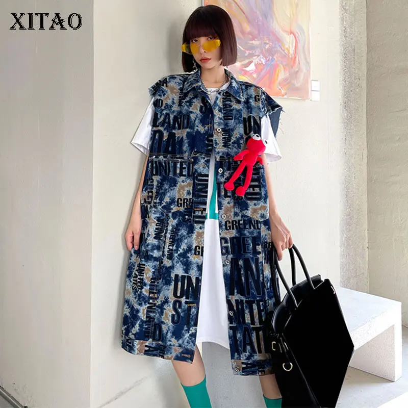 

XITAO Tide Plus Size Letter Print Vest Pocket Fashion Women Clothes 2021 Summer New Turn Down Collar Sleeveless Vest Top ZY5875