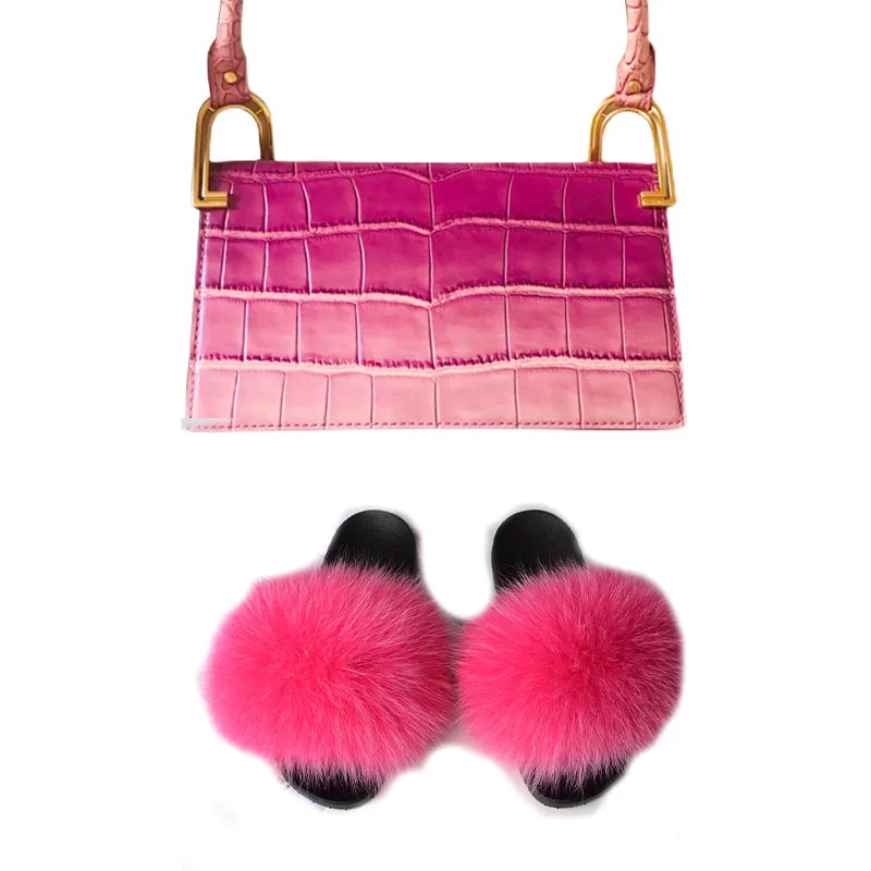 

Элегантные женские туфли; Роскошные сандалии с мехом и сумки Экстра-пушистый удобные тапочки с наборы кошельков натуральным лисьим мехом; Ш...