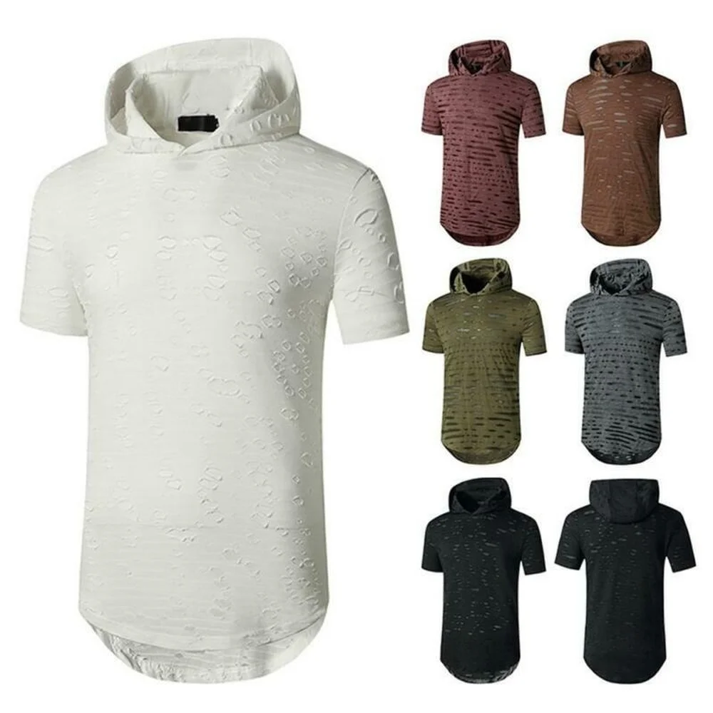 Мужской простой пуловер с коротким рукавом футболка капюшоном тонкая