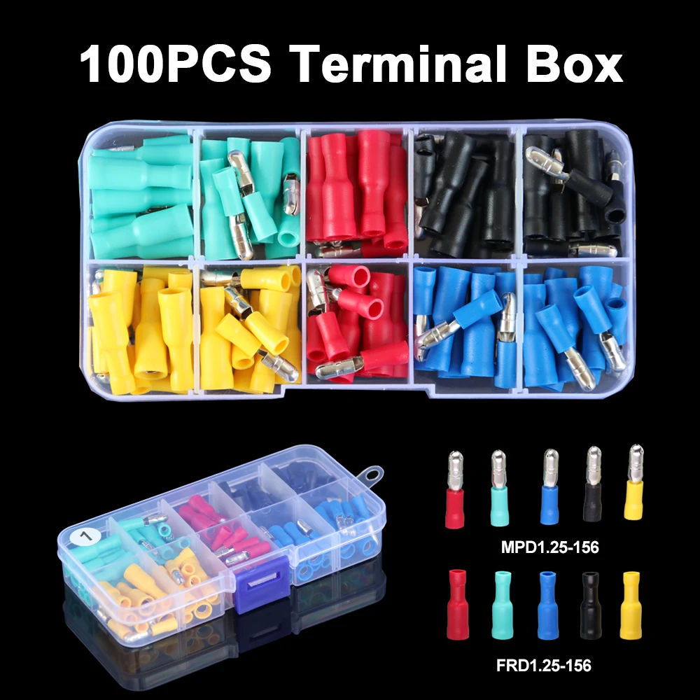 100 шт. цилиндрические изолированные клеммы обжимные лопатки Штекерный гнездовой