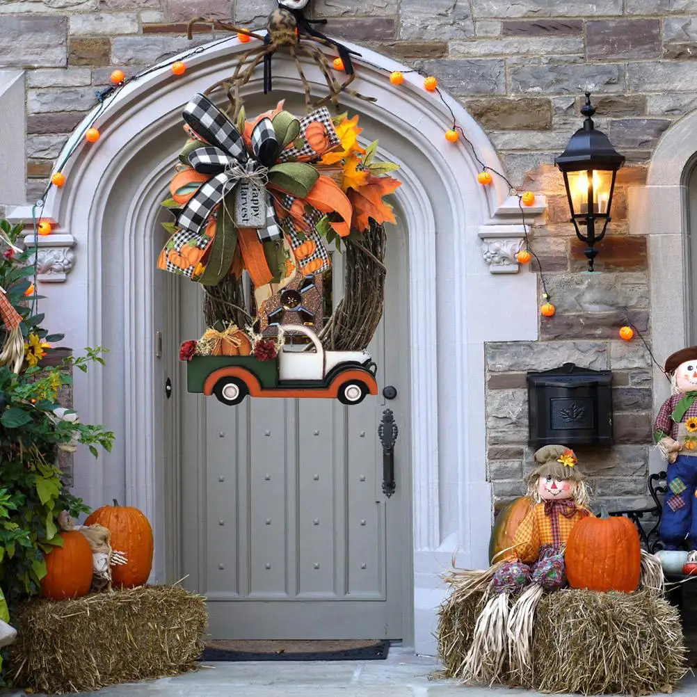 

Венок на Хэллоуин, сельский дом, украшения, Винтаж, День благодарения, тыква, грузовик, венок окно дверь стена, подвесной Декор