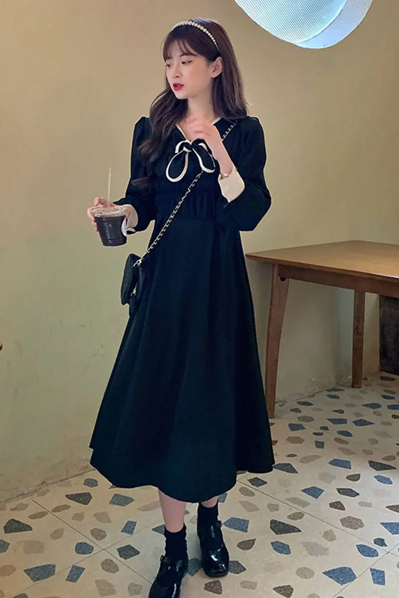 

Retro Style Long Sleeve Dress 2020 Autumn New Style Waist Slim Medium Length Women's Fashion Skirt