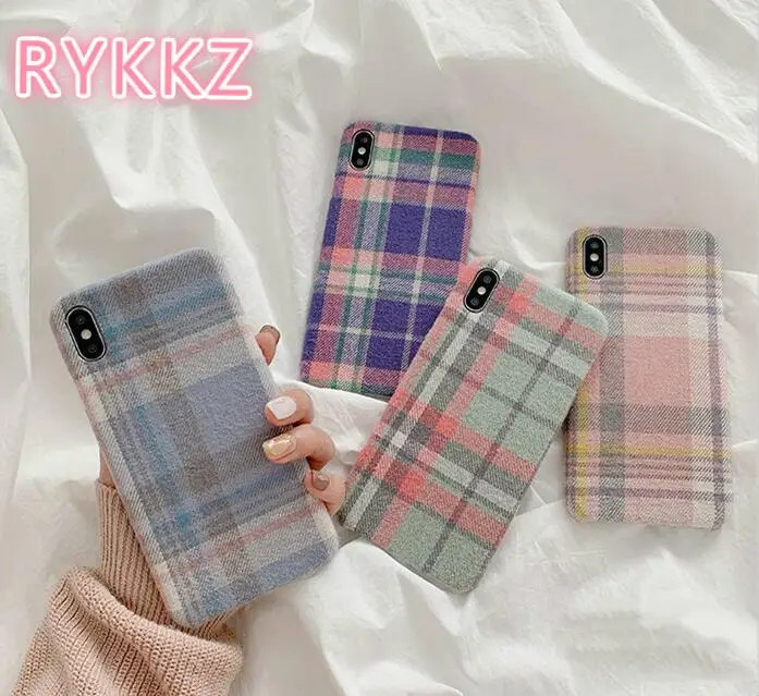 Теплый фланелевый клетчатый чехол для iPhone 11 Pro Max 2019 X XS XR розовый матерчатый