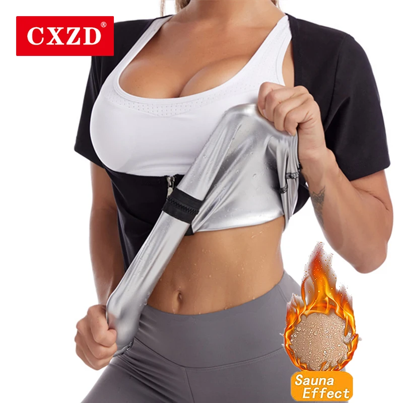 

CXZD Women Thermo ion coating Body Shaper Zip T-Shirts Silver Weight Loss Fat Burning Sweat Sauna Short sleeve Shapewear Suits