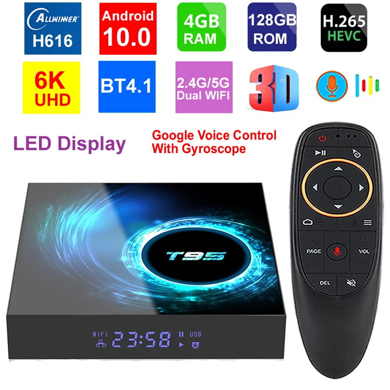 ТВ приставка T95 6K для Smart TV Android 10 0 четырехъядерный Allwinner H616 4 Гб 128 ГБ 2 4G/5G Wi Fi HDR H.265