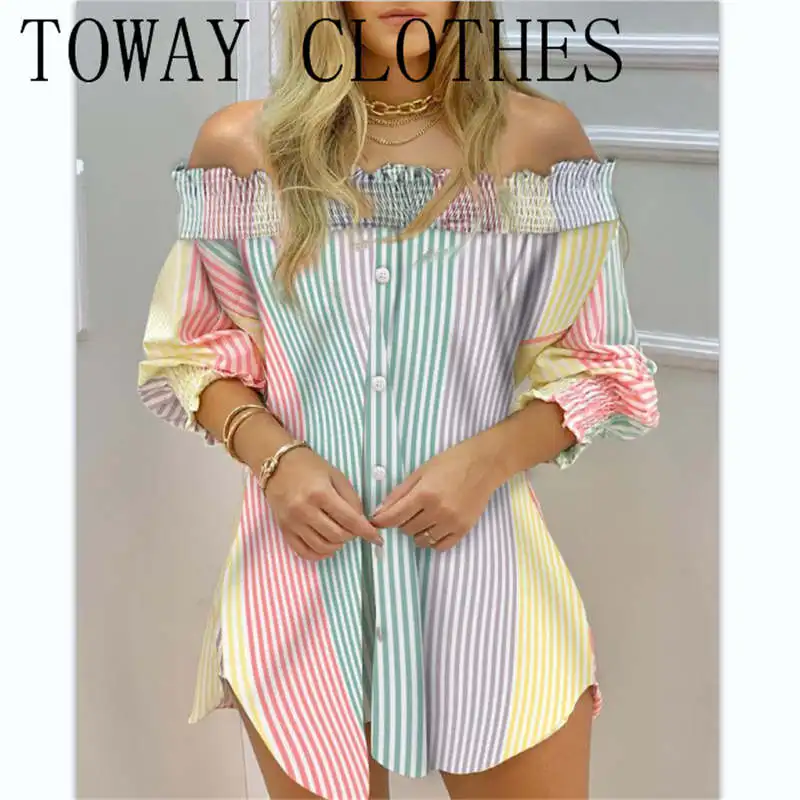 

Summer Women Off Shoulder Color Striped Button Front Smoking Blouse Dress Casual Chic Mini Shirt Dresses