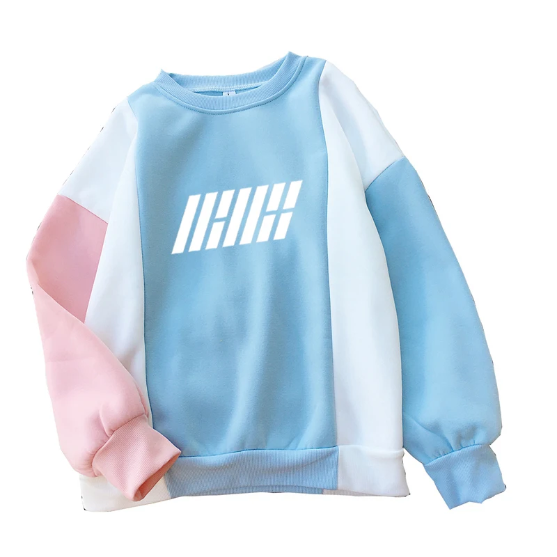 

New Ikon Kpop Hoodie Sweatshirt Women Splicing Casual Loose Fleece Letter Print Patchwork Pullover Harajuku Tracksuit Kawaii Top