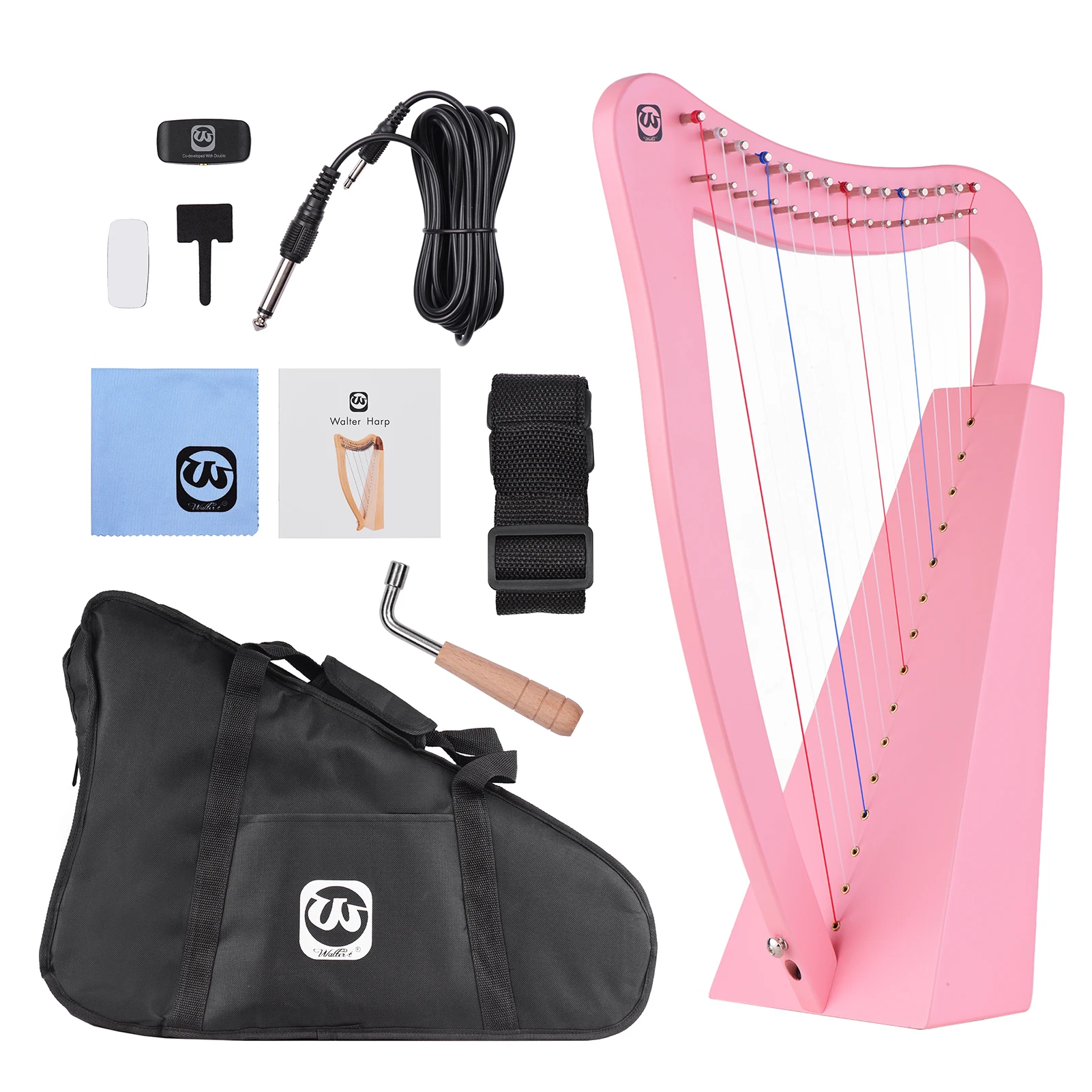 

Walter.t 15-String Lyre Harp Wooden String Instrument with Carry Bag Strap Cleaning Cloth Tuning Wrench Pickup for Beginners
