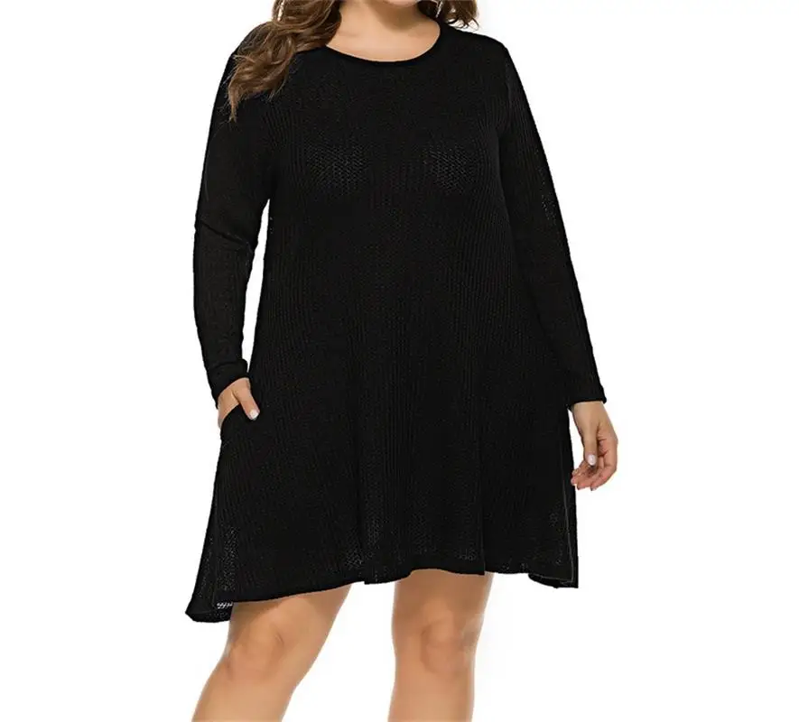 2021 Black Gray Blue Plus Size Women's Sweater Long Sleeved Summer Round Neck Loose And Comfortable Retro Knee Dress