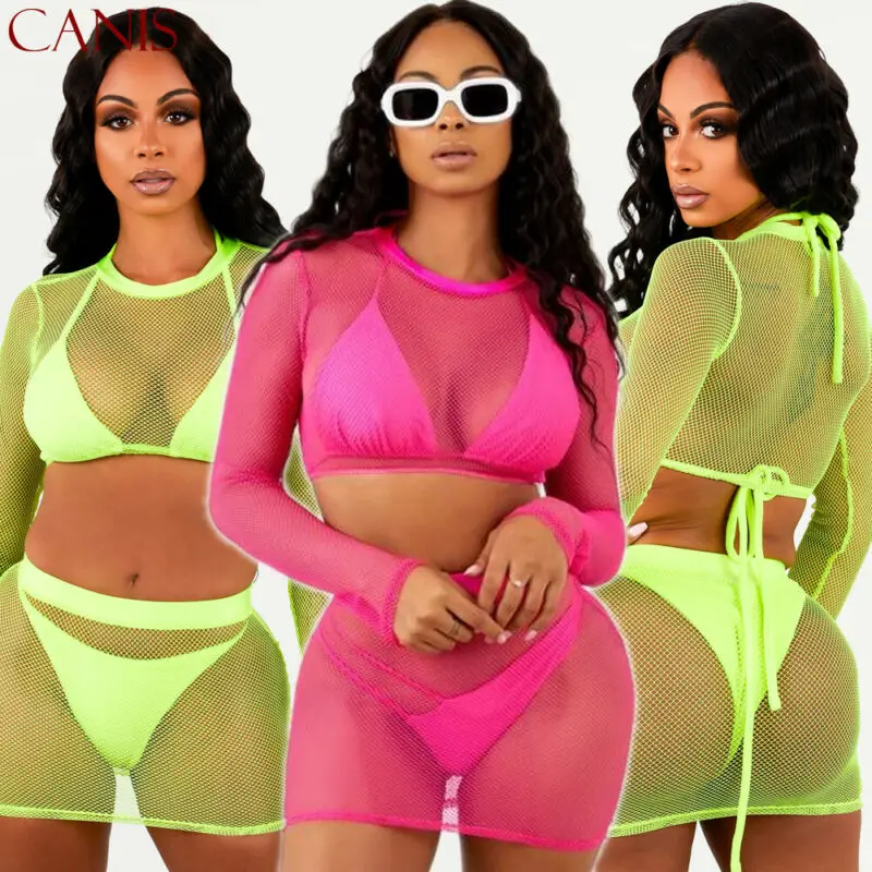 Женский бикини летний сетчатый прозрачный топ с длинными рукавами облегающий