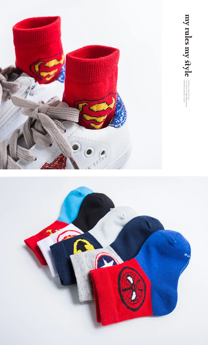 5 пар зимних носков для маленьких мальчиков мультяшный супергерой Marvel Superman Spiderman Batman iron man, детские осенние хлопковые Дышащие носки
