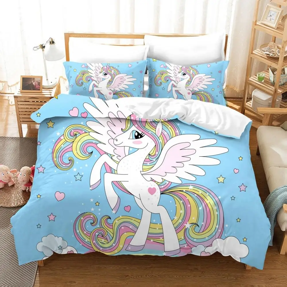 

Cute Unicorn Bedding Sets 3D Blue Pattern Duvet Cover Set 3PCS Pillowcase Home Textiles Twin Full Double King Size for Girl Gift