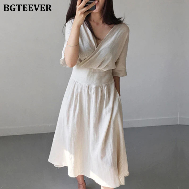 

Женское хлопковое и льняное платье-миди BGTEEVER, с V-образным вырезом и эластичной талией, летнее повседневное элегантное ТРАПЕЦИЕВИДНОЕ ПЛАТЬ...
