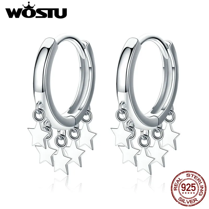 WOSTU, настоящие 925 пробы, серебряные серьги-кольца, серьги с кисточками и звездами для женщин, свадебные модные серьги, 925 ювелирные изделия CQE684