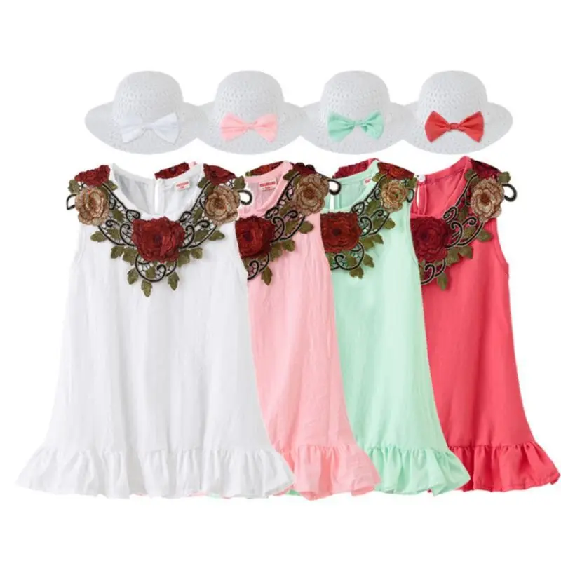 

2020 New summer Toddler Kids Baby Girls Dress 4 Colors Lotus leaf sleeveless Solid Straight Casual Knitted Dress+ Sun hat 1-5Y