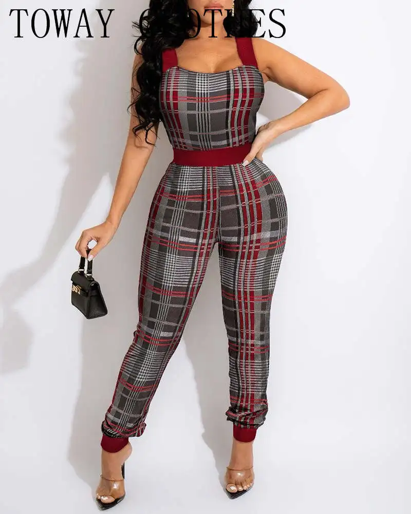 

Женский клетчатый комбинезон без рукавов, повседневный слитный комбинезон на бретелях с принтом в стиле кэжуал, уличная одежда на лето