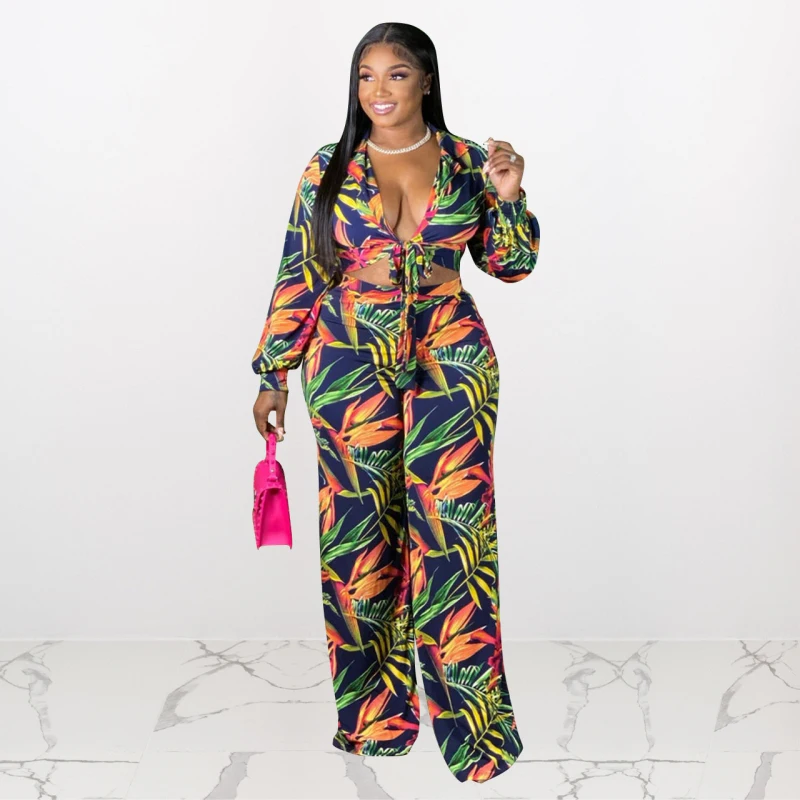 

Женский осенний костюм из двух предметов, новый пикантный клубный топ с богемным принтом и V-образным вырезом, свободные брюки с широкими шт...