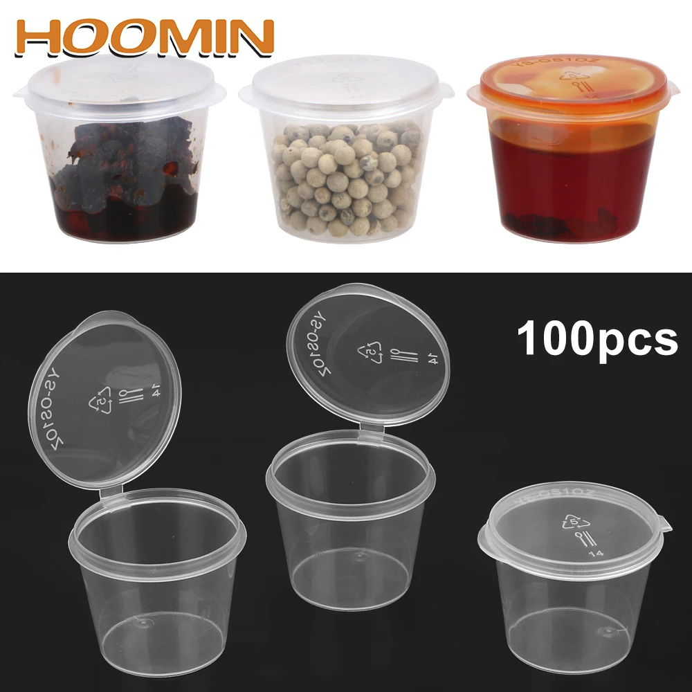 HOOMIN-Tazas de salsa Chutney Chili, recipiente de plástico transparente desechable para salsa, contenedor pequeño de comida con tapas, organizador de cocina, 100 Uds.