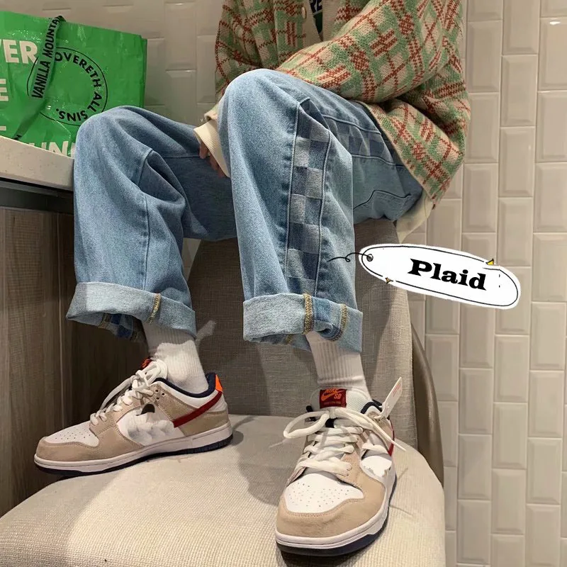 

GODLIKEU Jeans Men's Trend Loose Straight Mid Waist Spring Plaid Wide Leg Pants Male Trousers