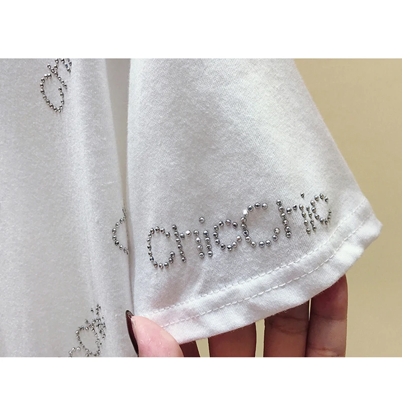 

T Shirt Letter Diamonds T-Shirt Women Clothes Short Sleeve Summer 2021 Womens Tops Cotton Korean Fashion Tshirt Vetement Femme