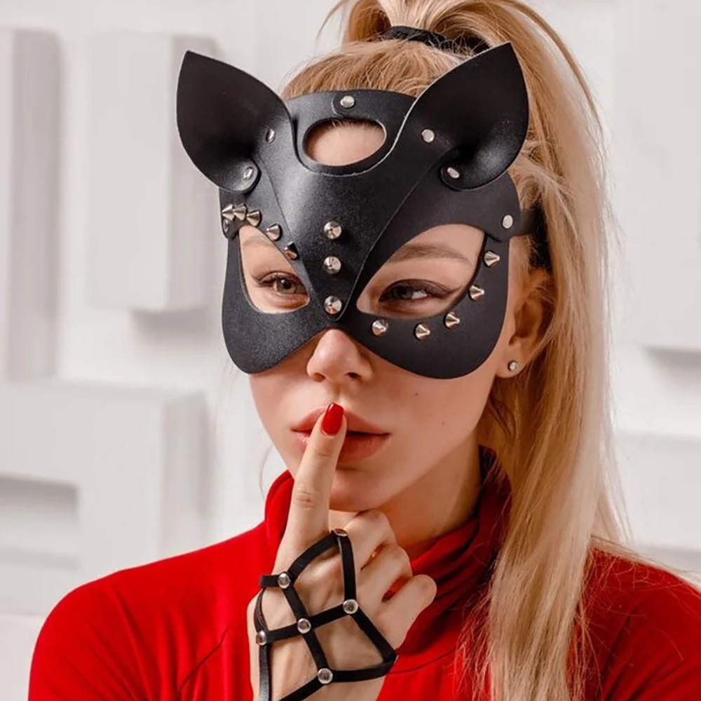 Leather Cat Mask Spikes Sexy Erotic Animal Halloween Face Mask Bdsm Adult Toys Fetish Masquerade Party Handmade Mask Mature