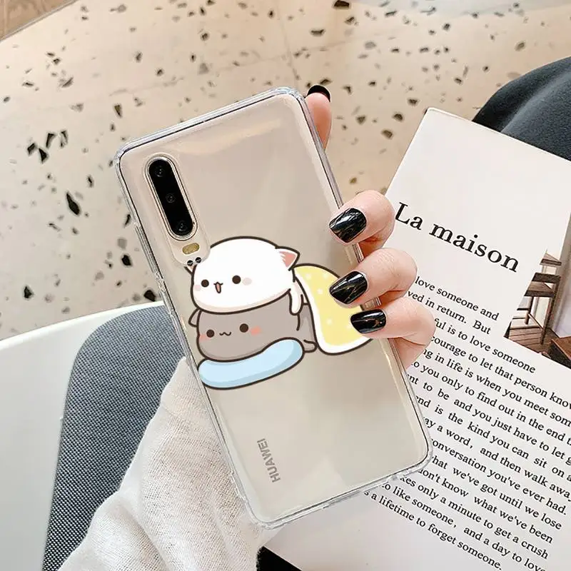 

Jemy Peach Cat Cartoon Phone Case Transparent for Huawei P20 P30 P40 lite pro P smart 2019 honor 8x 10i