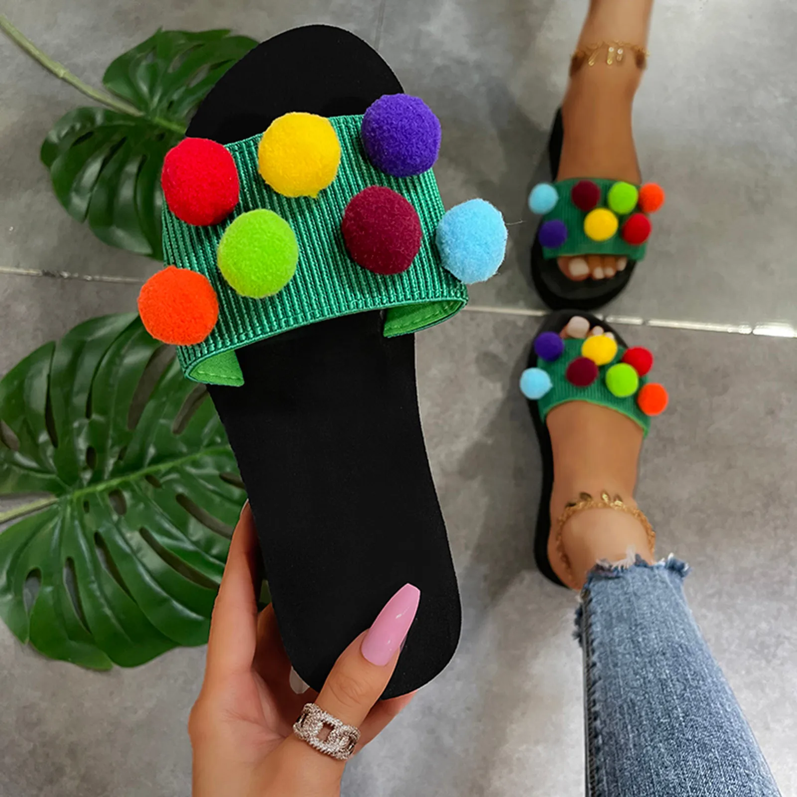 

Women's Summer Color Decoration Slippers Fashion Wear Large Size Candy Color One-word Sandals And Slippers Simple Flip-flop R5