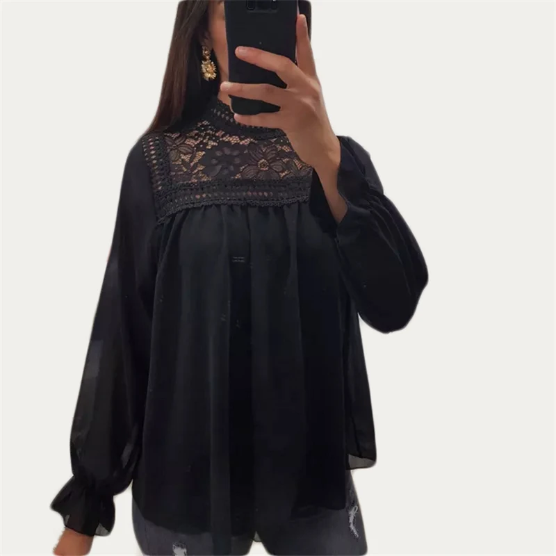 Блузка женская кружевная с длинным рукавом однотонная черная белая | Женская